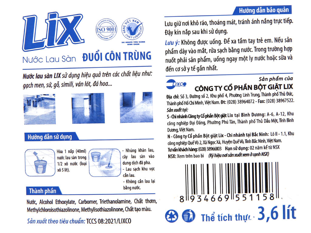 Nước lau sàn LIX Đuổi Côn Trùng 3.6 lít