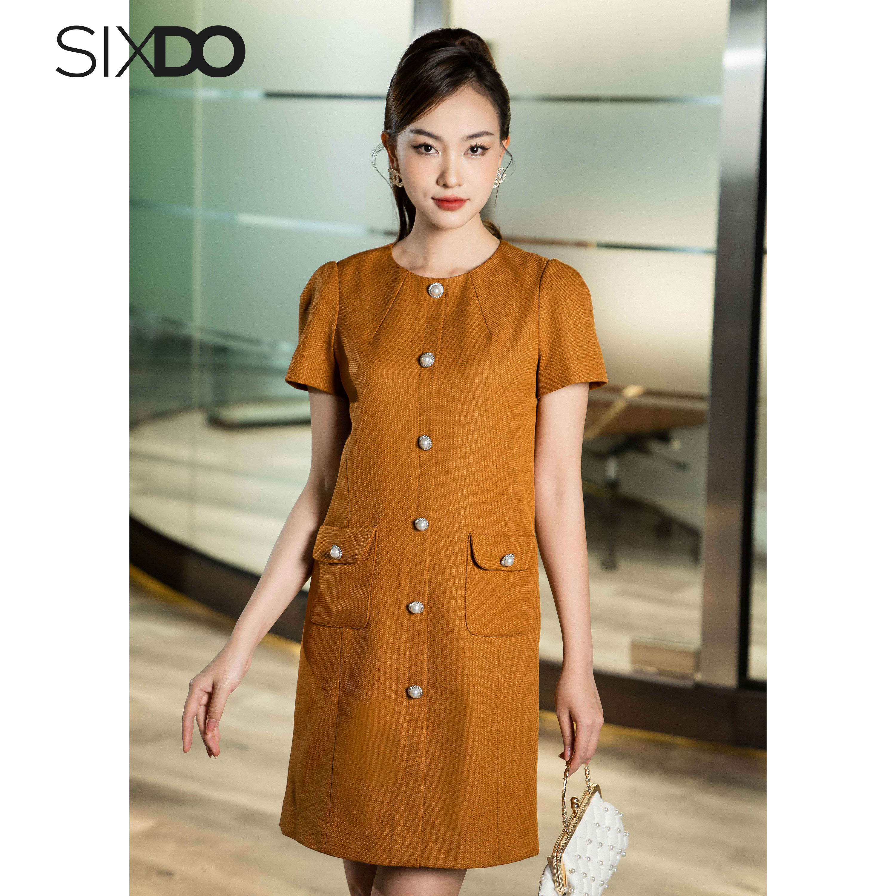 Đầm suông caramel phối túi SIXDO (Caramel Midi Raw Dress)