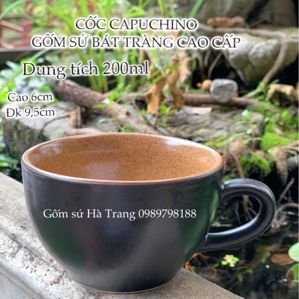 Cốc cafe Capuchino dung tích 200ml gốm sứ Bát Tràng cao cấp men đen lòng nâu gốm hạt tiêu