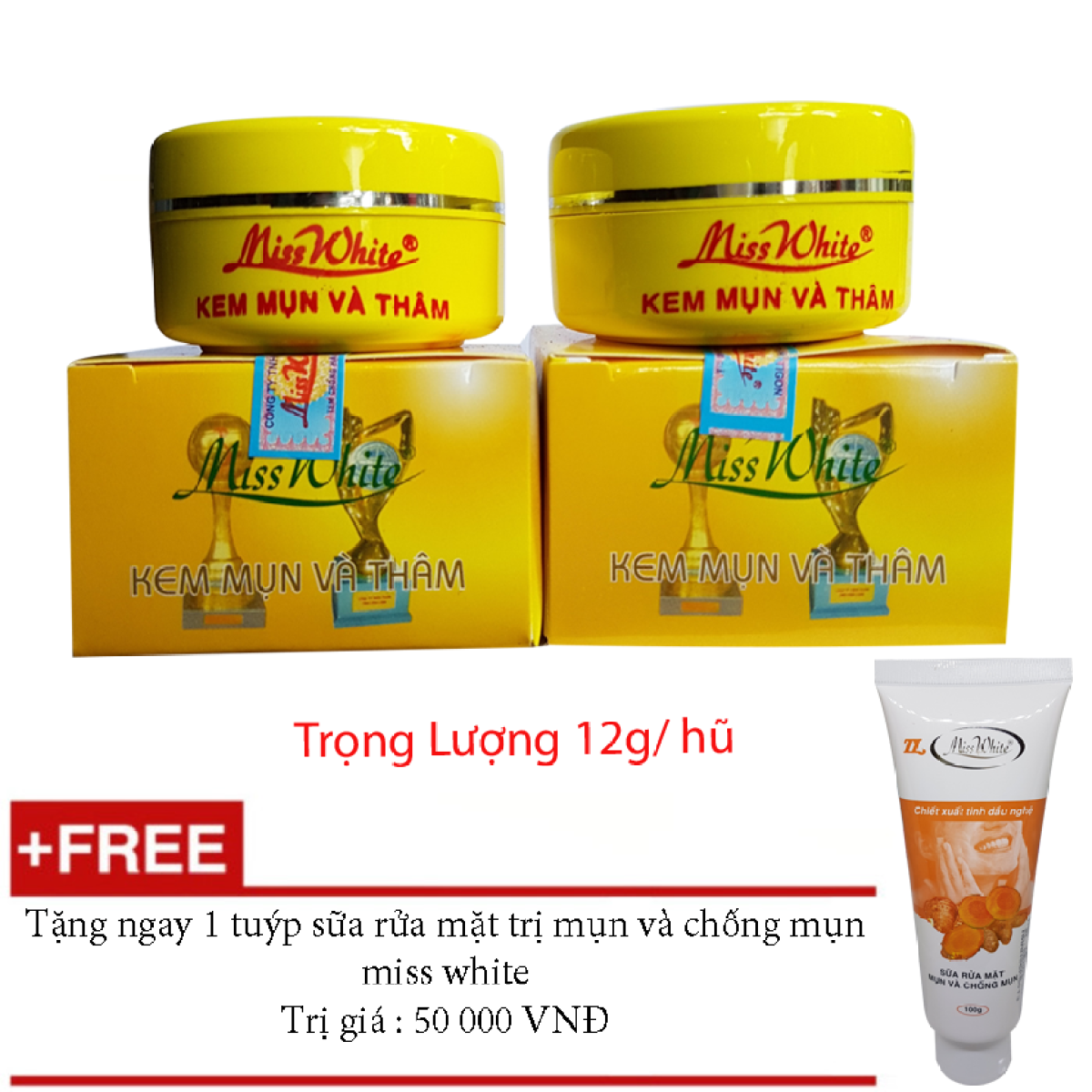 COMBO 2 KEM MỤN NGỪA THÂM MISS WHITE 12G + TẶNG SỮA RỬA MẶT MISS WHITE 100G