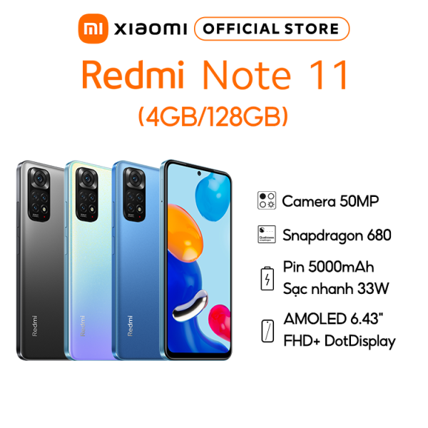 Điện thoại Xiaomi Redmi Note 11 4/128GB - Snapdragon 680 - Pin 5000mAh sạc nhanh 33W | Chính hãng - Bảo hành 18 tháng
