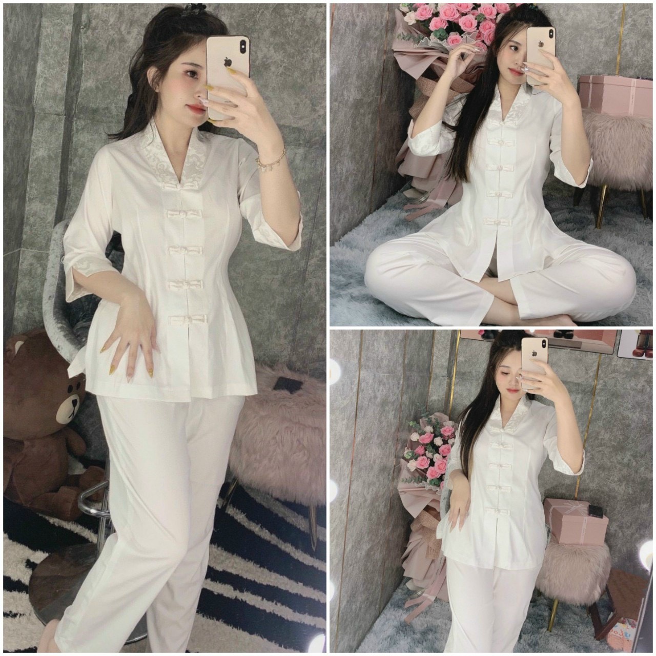 Đồ Lam Đi Chùa # Bộ viền hoa lụa Hàn 2# Quần Áo Nữ Cao Cấp
