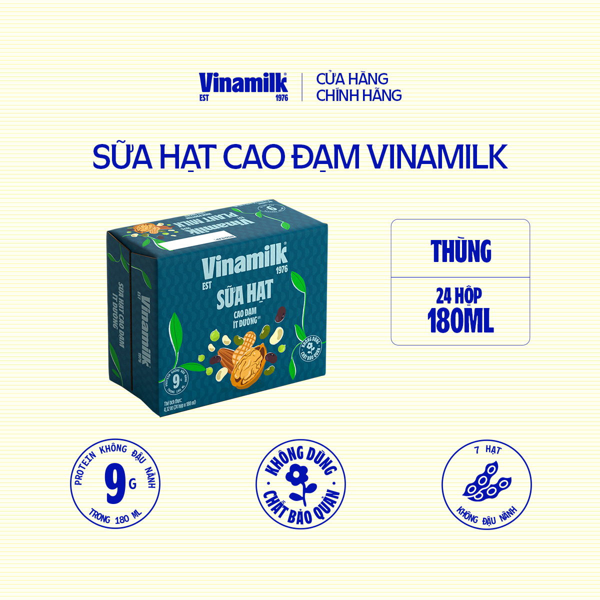Thùng 24 hộp sữa hạt Cao Đạm ít đường Vinamilk - hộp 180ml