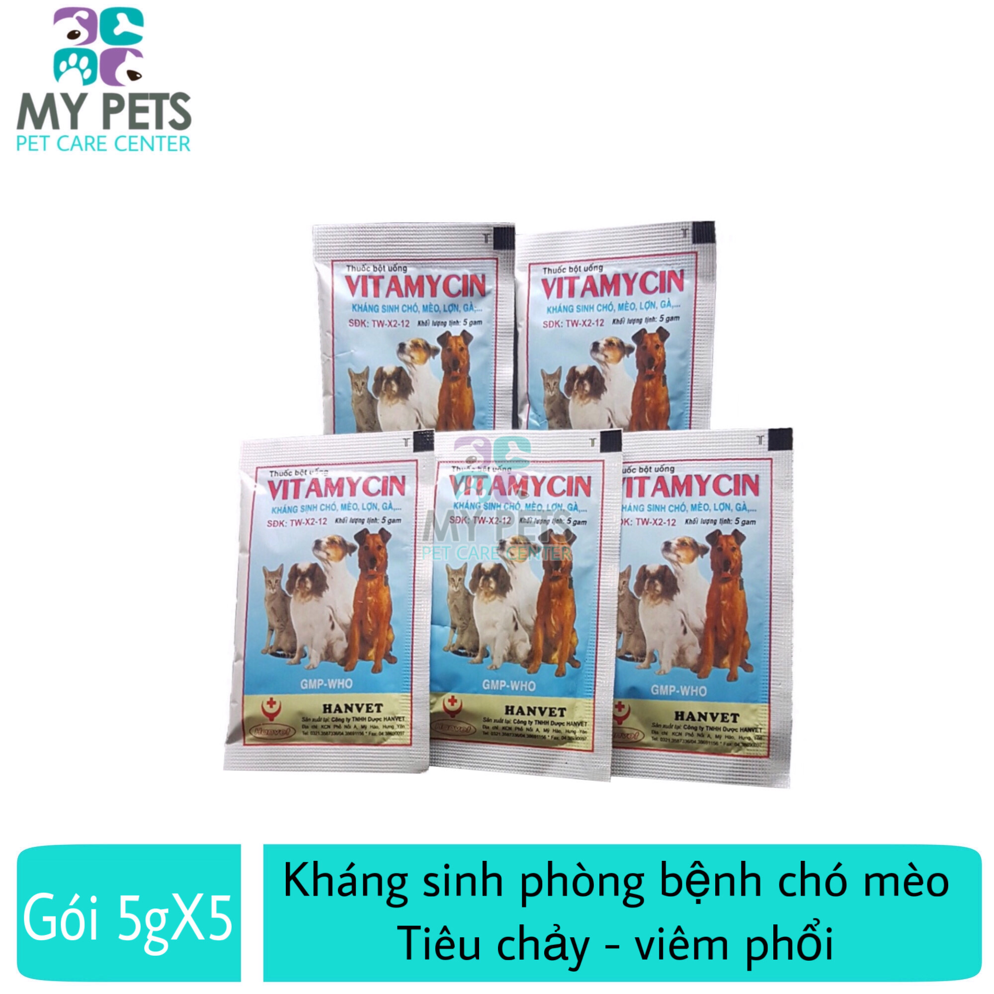 Thuốc trị tiêu chảy viêm phổi ho cho chó mèo - 05 gói Hanvet vitamycin