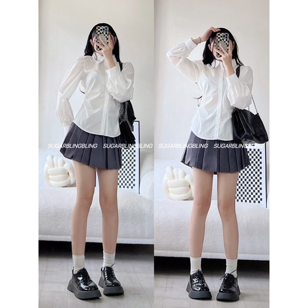 (Sẵn - Ảnh thật) SƠMI TRẮNG TAY DÀI NHÚM EO A129 | Sugarblingbling