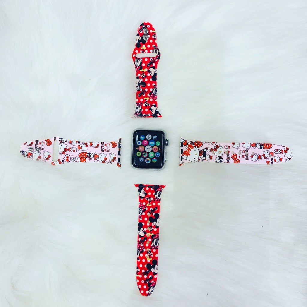 [HCM]Dây Apple Watch Mẫu Cao Su Họa Tiết Mickey Hello Kitty