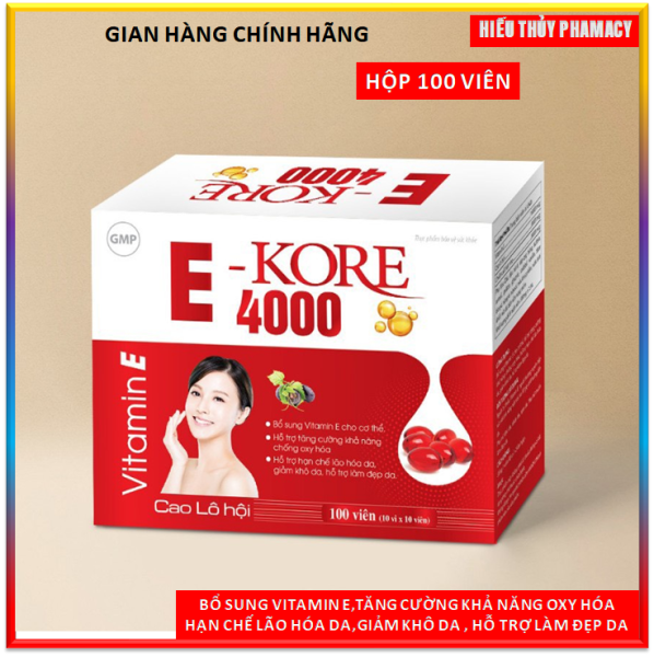 Viên Uống đẹp da Vitamin E Đỏ 16000mcg Kore Chiết xuất Hạt Nho,8000mcg, cao lô hội 8000 mcg chống lão hóa,  giảm khô da  - Hộp 100 viên nhập khẩu