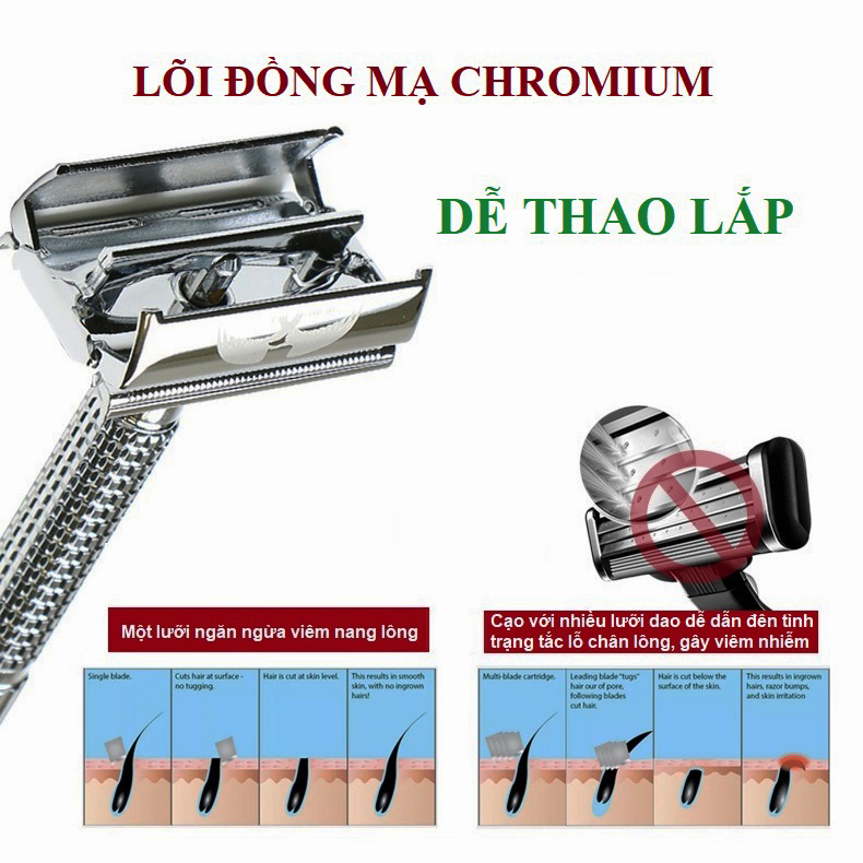 Cạo râu nam, cạo râu lưỡi lam Ming shi 9508-G, thiết kế dạng lưỡi đơn hạn chế viêm nang lông, CHÂT LIỆU LÕI ĐỒNG MẠ CHROME bền vĩnh viễn