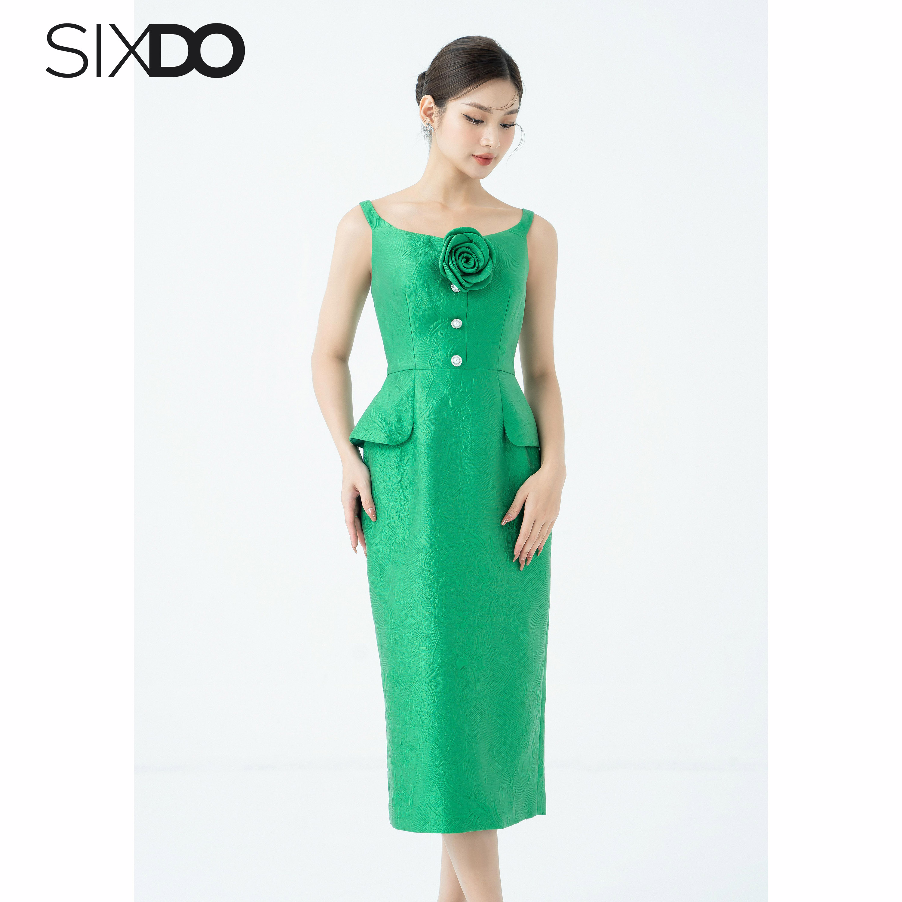 Đầm gấm trễ vai dáng bút chì thời trang SIXDO (Off-shoulder Midi Brocade Dress)