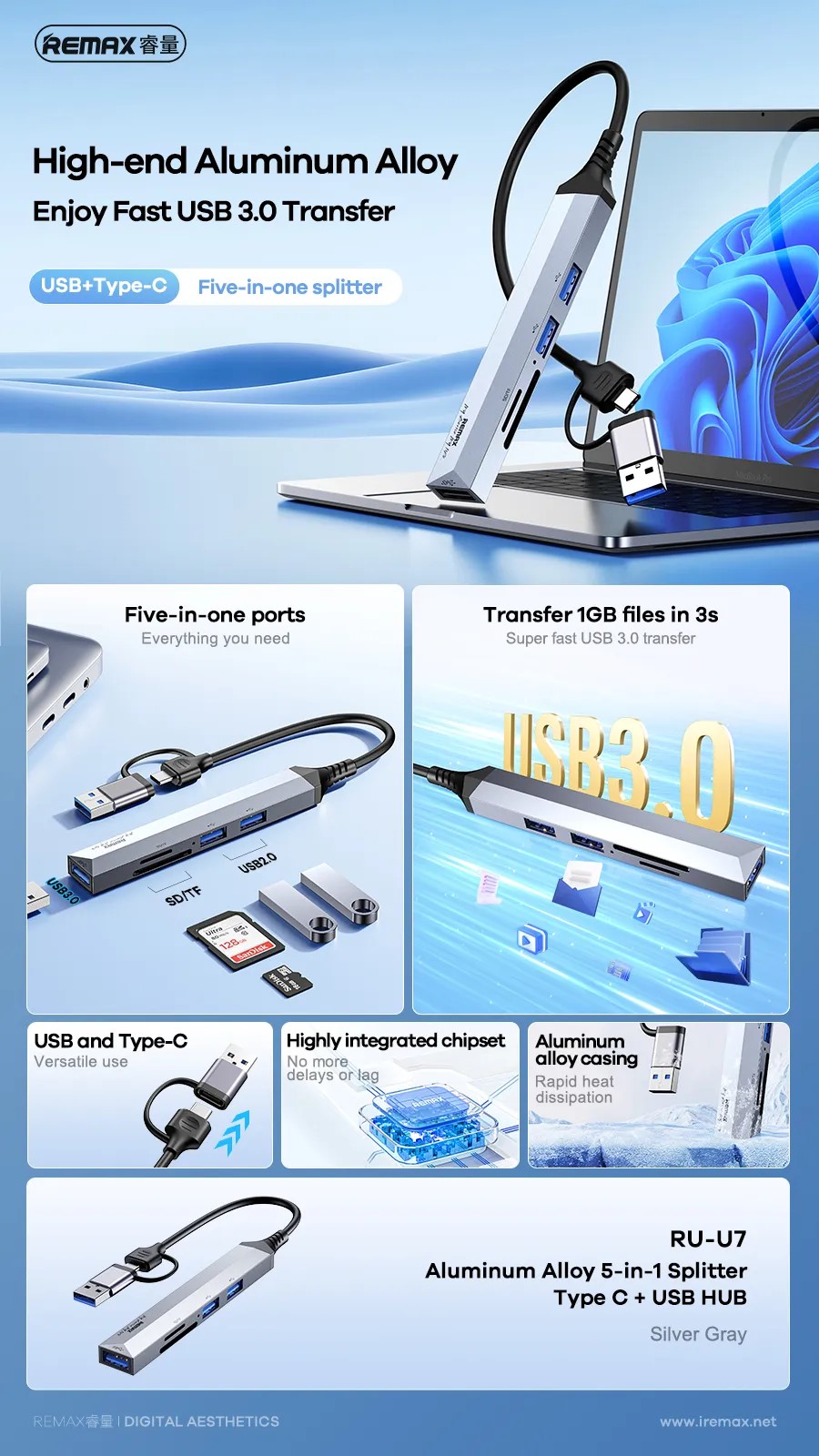Bộ chia cổng Remax RU-U7 từ USB / Type-C sang SD + TF + USB 3.0 + 2 x USB 2.0 (Xám) - Nhất Tín Computer