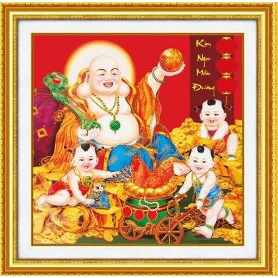 Tranh thêu chữ thập phật di lặc Z588 tặng Kéo, kim siêu tốc
