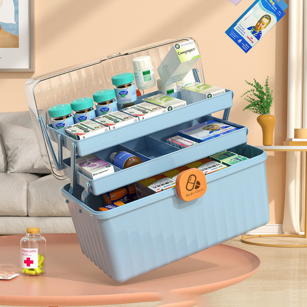 Hộp y tế mini hộp đựng thuốc và dụng cụ y tế có 3 tầng, quai xách tiện lợi.