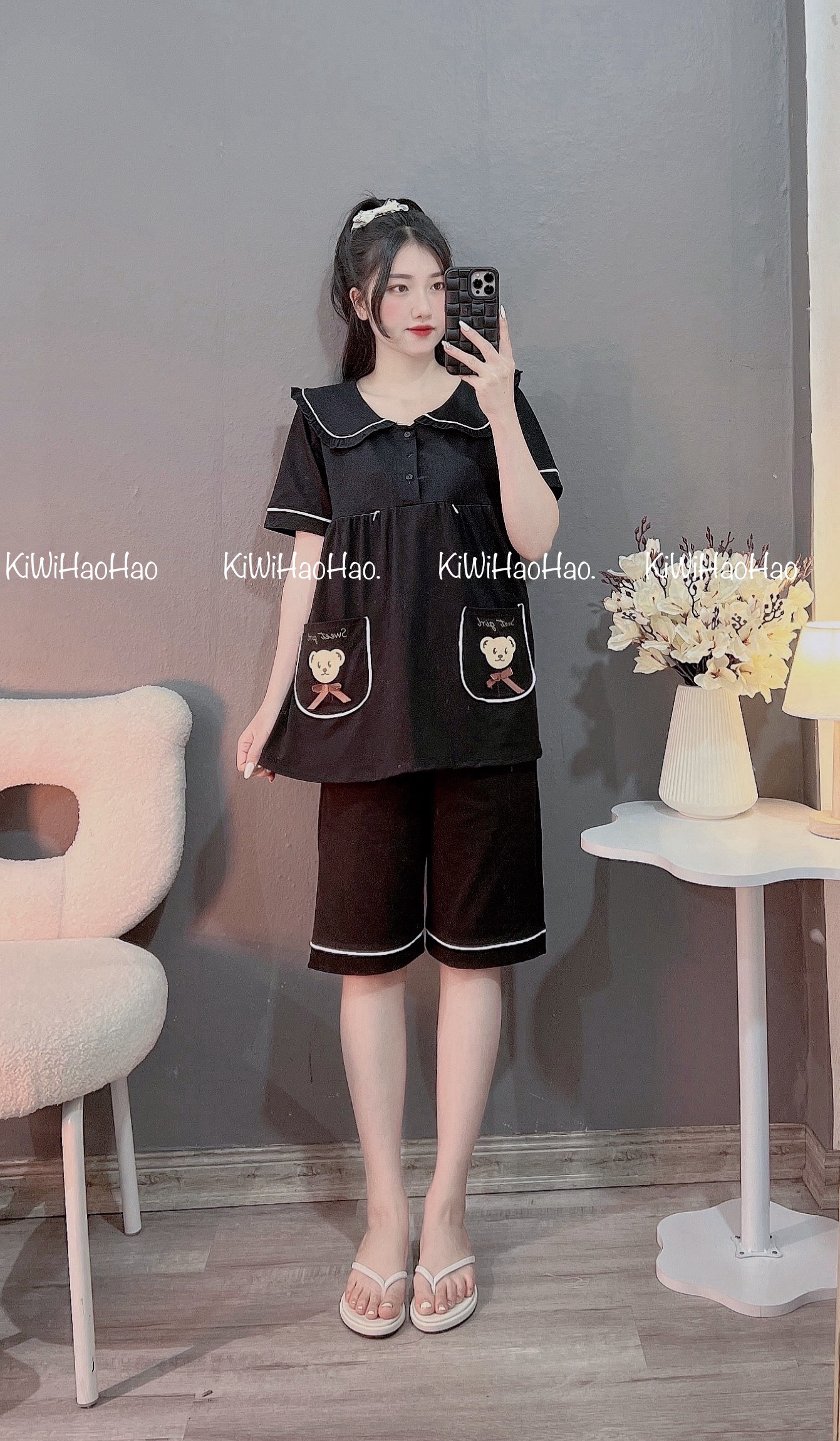 Bộ cộc tay bầu và sau sinh chất đũi mùa hè kẻ sọc mềm mát