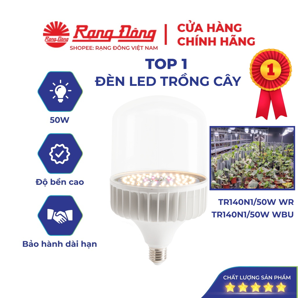 Đèn led trồng cây Rạng Đông 50W, đèn quang hợp cho cây trong nhà, kích thích tăng trưởng model:TR140N1