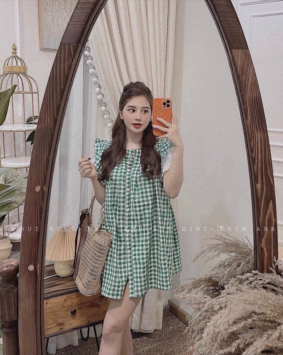 Đầm baydoll caro xanh tay bồng phối ren dễ thương xinh xắn