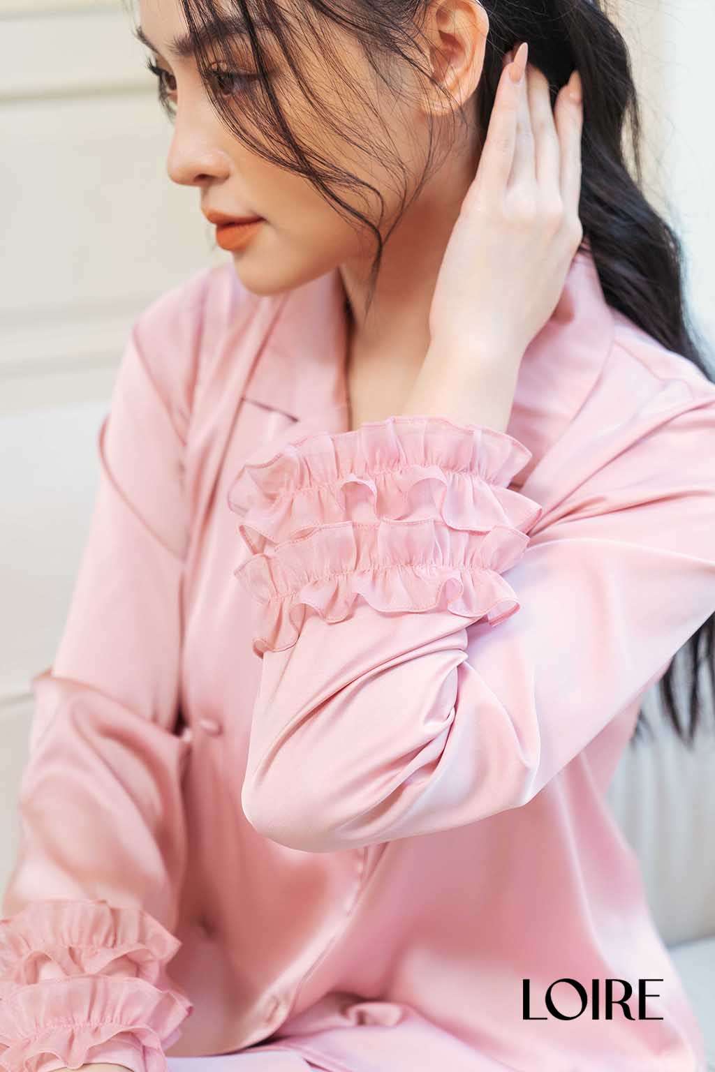 Bộ Pijama Lụa Dài Tay Nhún Bèo Loirechic LPD12