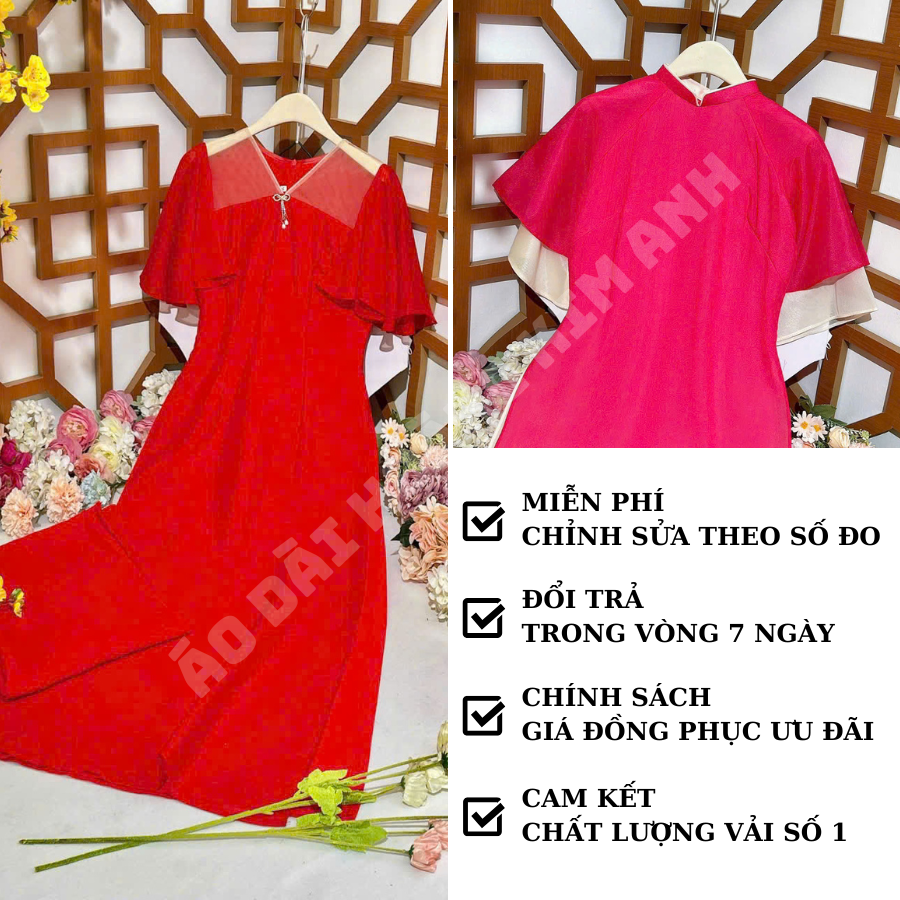Áo dài cách tân nữ lụa voan tơ thiết kế tay bèo cánh tiên cổ tim phối ren đính nơ 2 tà trẻ trung mặc tết lễ cưới màu Đỏ