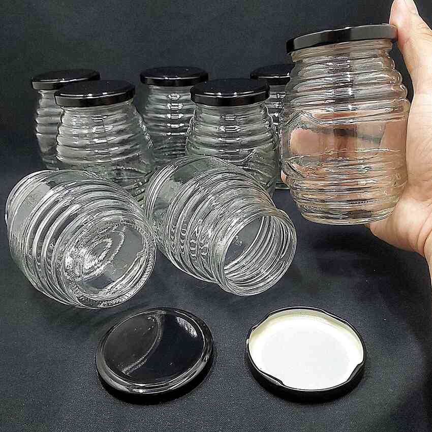 Hũ Thủy Tinh Đựng Gia Vị 350ML (combo 8 cái) con ong nắp thiếc đen – Hũ Đựng Gia Vị Thủy Tinh - Hũ Thủy Tinh Đựng Mật Ong yến chưng