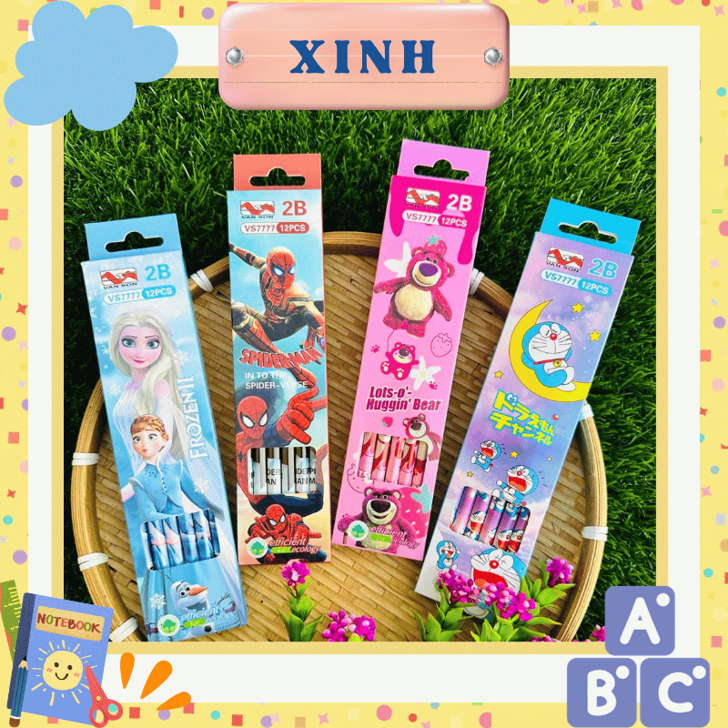 Hộp 12 cây bút chì 2B hoạt hình doremon, công chúa elsa, gấu dâu lotso, siêu nhân nhện cho bé