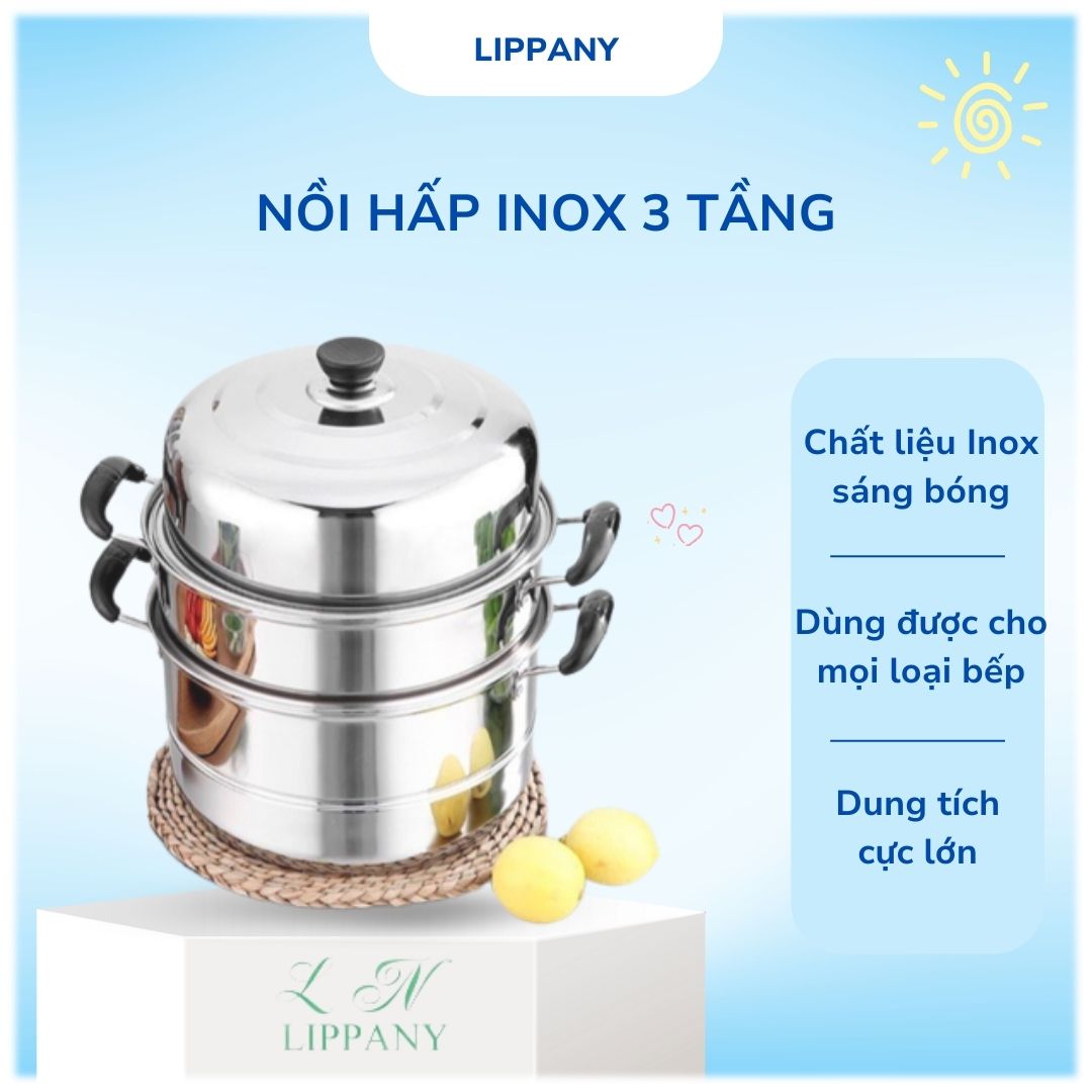 Nồi hấp inox 3 tầng 28cm Siêu bền tiện lợi