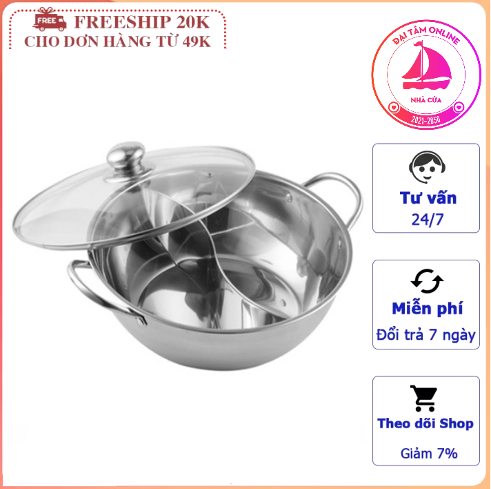 Nồi lẩu 2 ngăn 30cm kèm nắp kính dùng bếp từ - nồi lẩu 26cm nắp kính