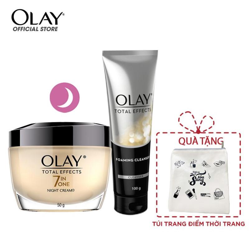 Combo chăm sóc chống lão hóa sớm Kem dưỡng đêm và Sữa rửa mặt dạng kem Olay Total Effect - tặng Túi trang điểm thời trang