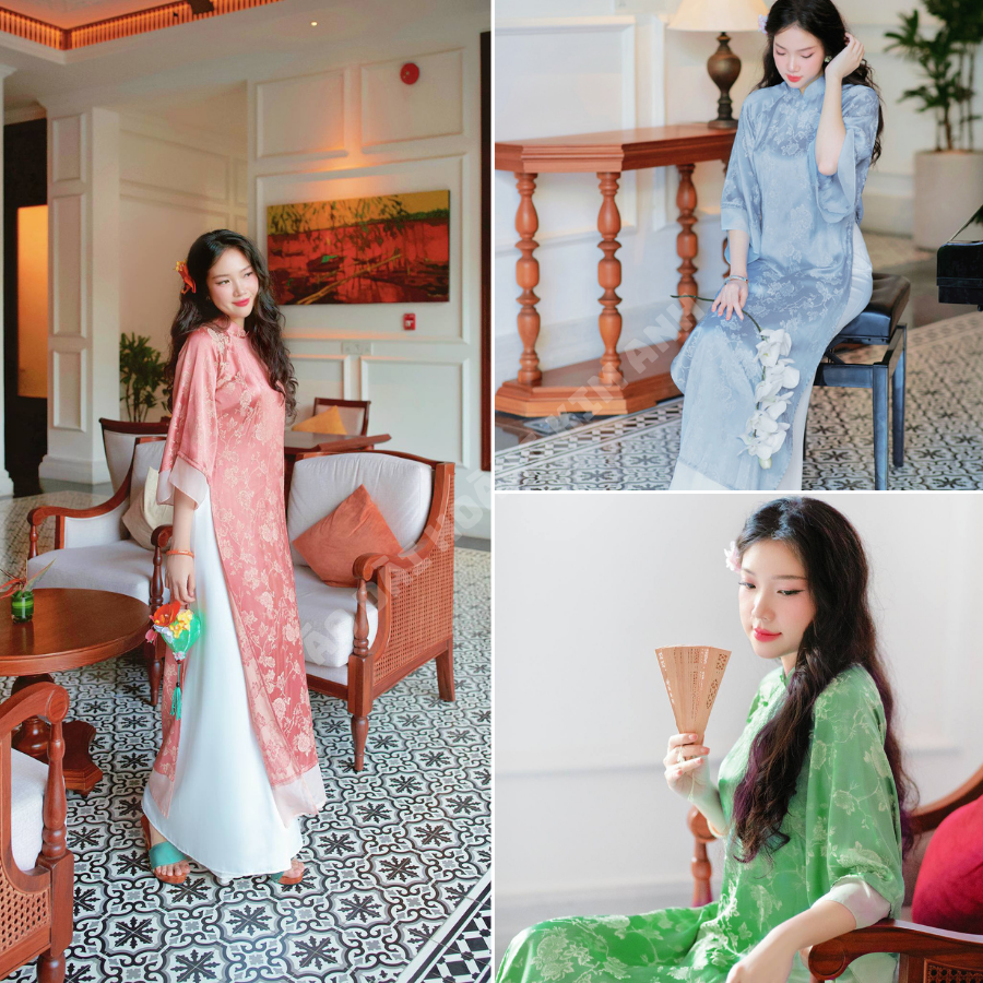 Áo dài cách tân nữ gấm lụa dệt hoa nhí dáng suông kiểu hiện đại tay lỡ, Áo dài truyền thống bigsize nữ màu Xanh Hồng