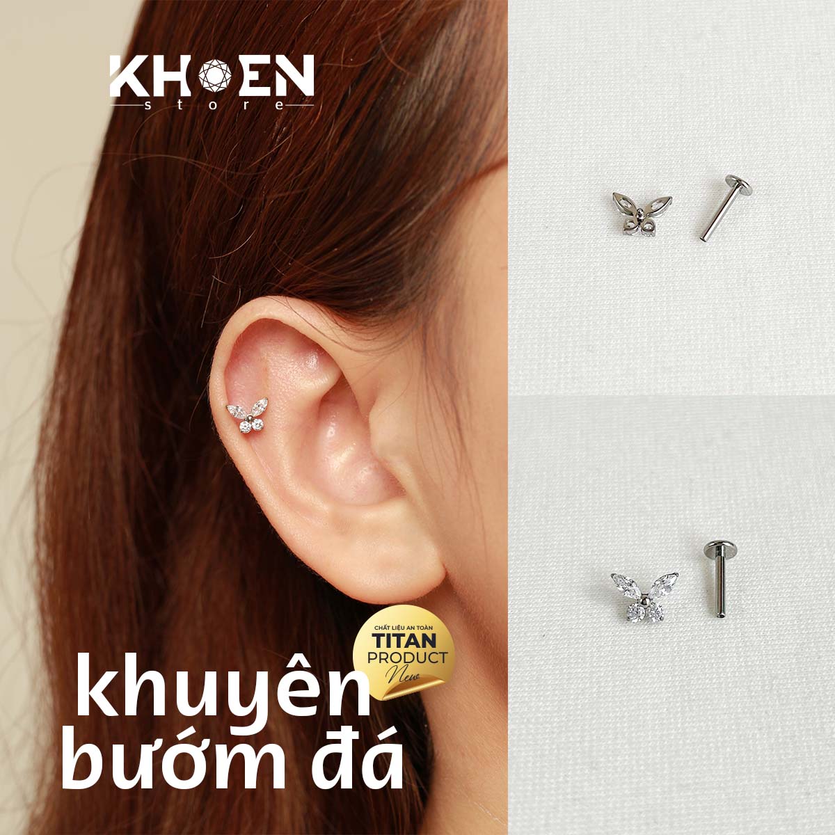 (1 Chiếc) Khuyên tai Bướm Đá - Titanium G23 - Khoen store