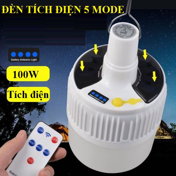 Bóng Đèn Led Tích Điện Năng Lượng Mặt Trời 100w - Có Điều Khiển Từ Xa - 5 Chế Độ Sáng - DEN-TICH-DIEN-100W