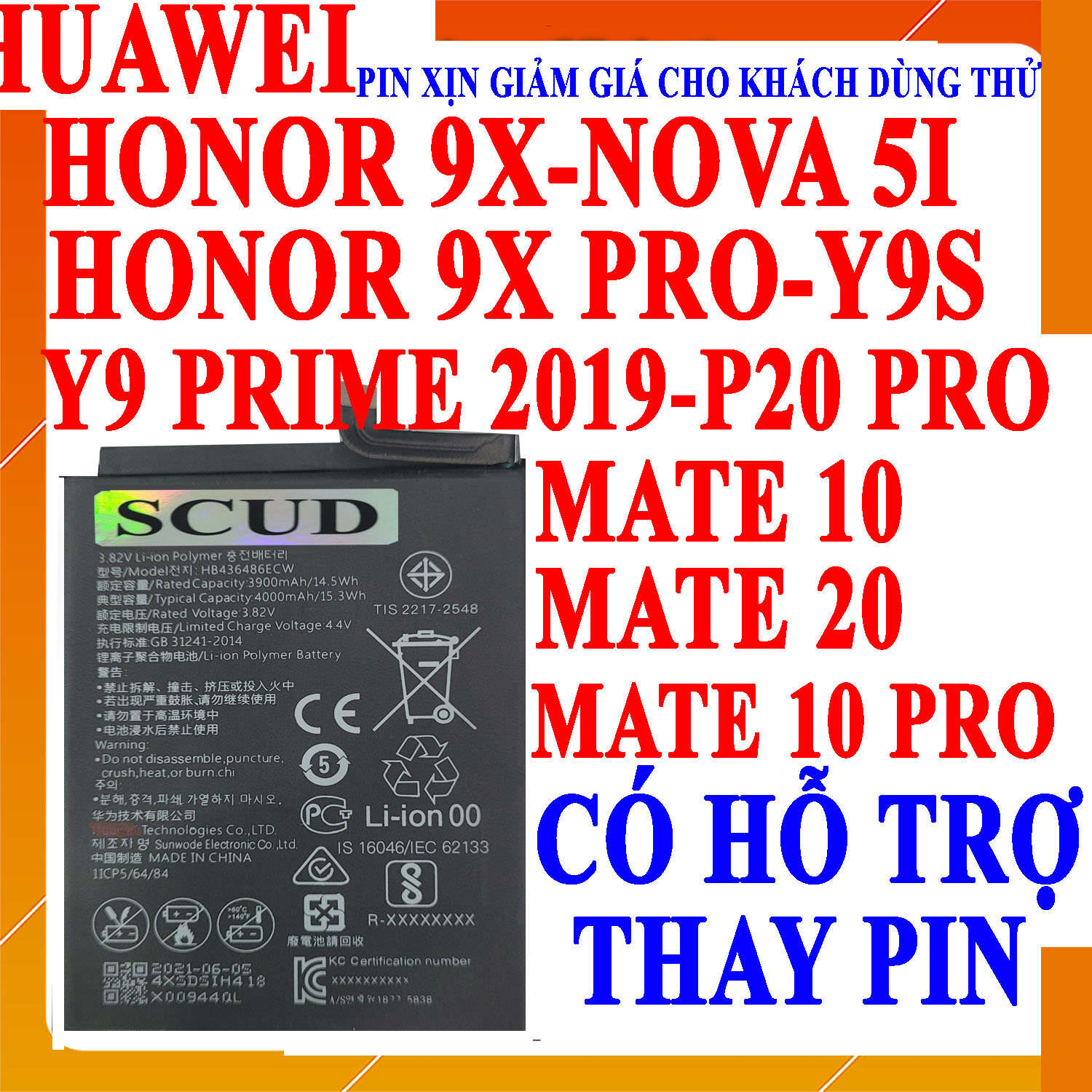 Pin scud cho huawei p20 pro/mate 20/mate 10/mate 10 pro hb436486ecw dung lượng 4000mah