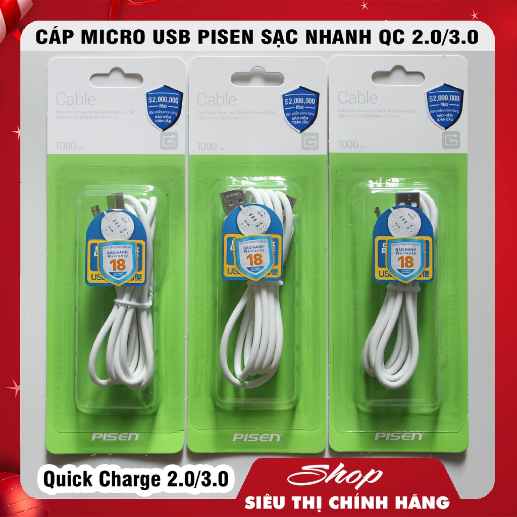 [HCM]Cáp Pisen Micro Usb Hỗ Trợ Sạc Nhanh Quick Charge 2.0 Và 3.0