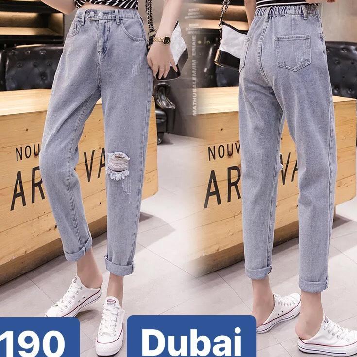 QUẦN JEAN BAGGY NỮ CHẤT BÒ XANH NHẠT LƯNG THUN CẠP CHUN RÁCH GỐI LƯNG CAO NÂNG MÔNG HÀN QUỐC DB-190 - DUBAI FASHION
