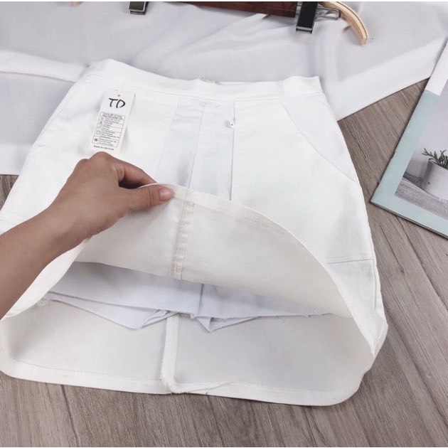 Chân váy nữ ngắn kaki lưng cao form chữ A 2 túi may kèm quần màu trắng màu đen- chân váy nữ Hàn Quốc - chân váy nữ ngắn học sinh