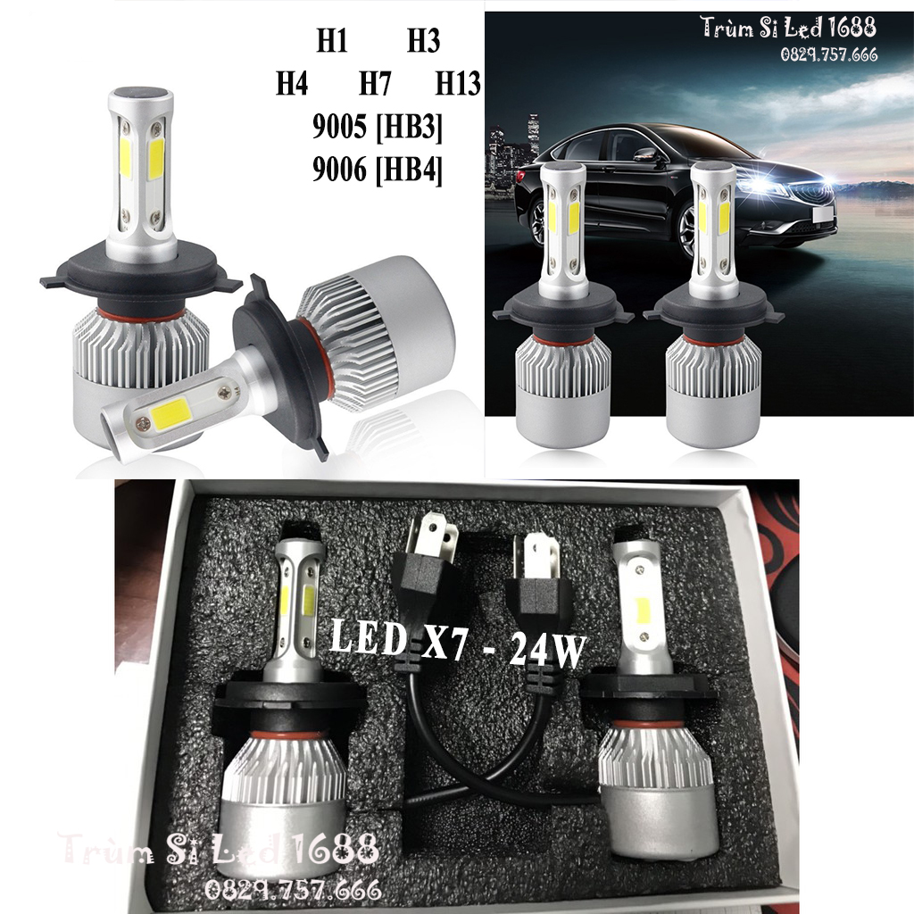 Đèn Pha led X7 3 tim cho Oto, xe máy chân H1 H4 H7 9005 9006[ Giá 1 bóng]-Bảo hành 1 năm