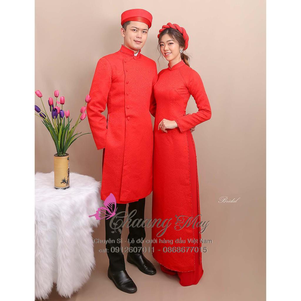 Áo dài cặp đôi nam nữ pha lê Chaang May sẵn vải áo dài gấm cô dâu chú rể ăn hỏi dự tiệc cưới lễ tết đẹp ADC124