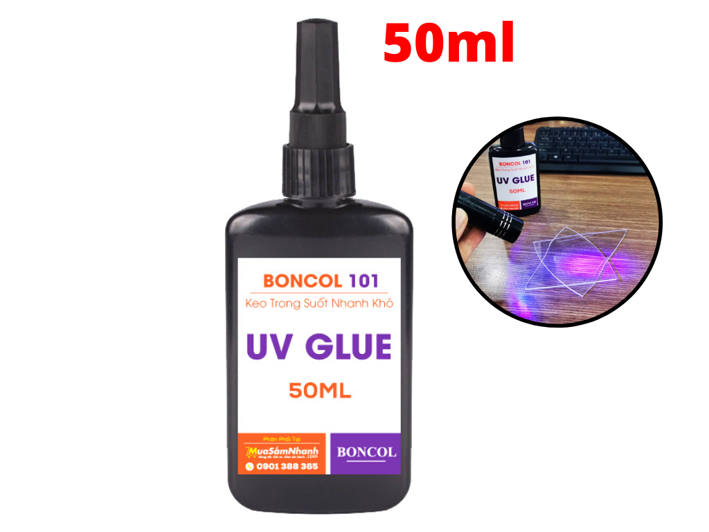 Keo uv trong suốt dán kính inox, dán mica boncol 101 50ml