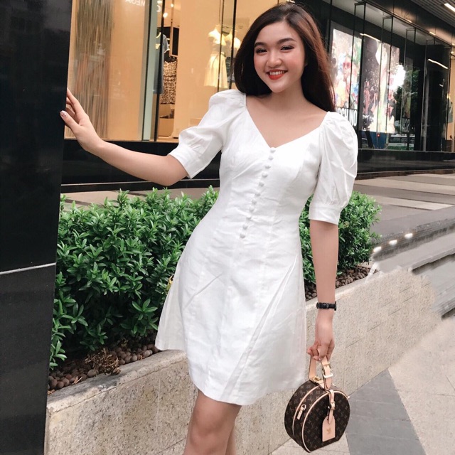 ĐẦM TRẮNG TAY PHỒNG NÚT BỌC (có ảnh thật) MS94