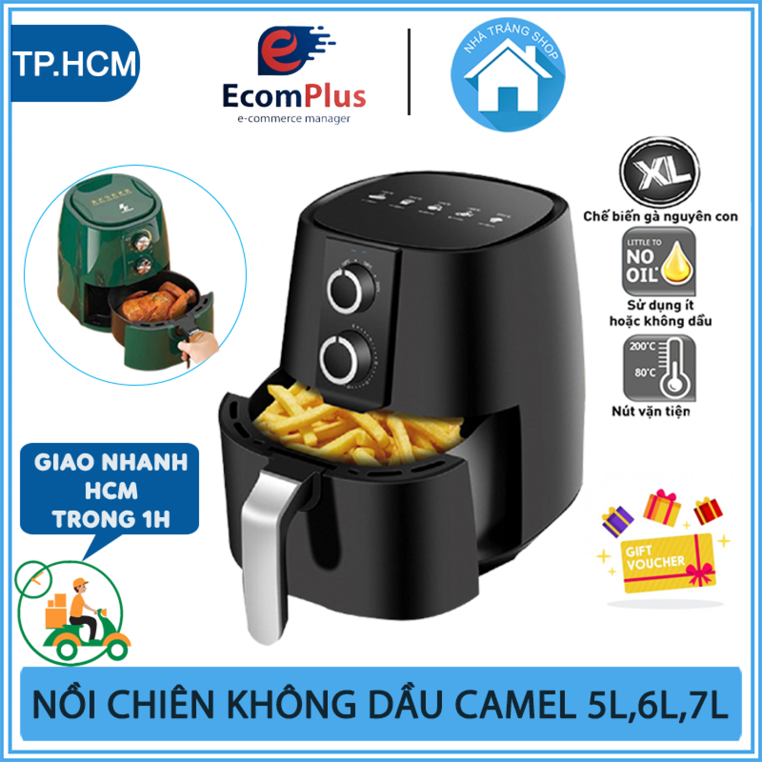 Nồi chiên không dầu, bếp chiên không khí Camel 5L, 6L, 7L, 8L công suất 1350W, không mùi, tốt cho sức khỏe, thiết bị hiện đại, an toàn cho gia đình, tiện dụng, bảo hành 6 tháng, Nhà Trắng Shop