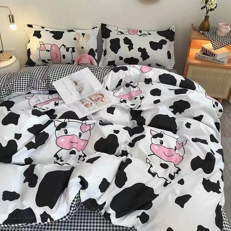 Bộ Chăn Ga Gối Poly Nhập 4 món[1m6x2m và 1m8x2m], mẫu bò sữa trắng