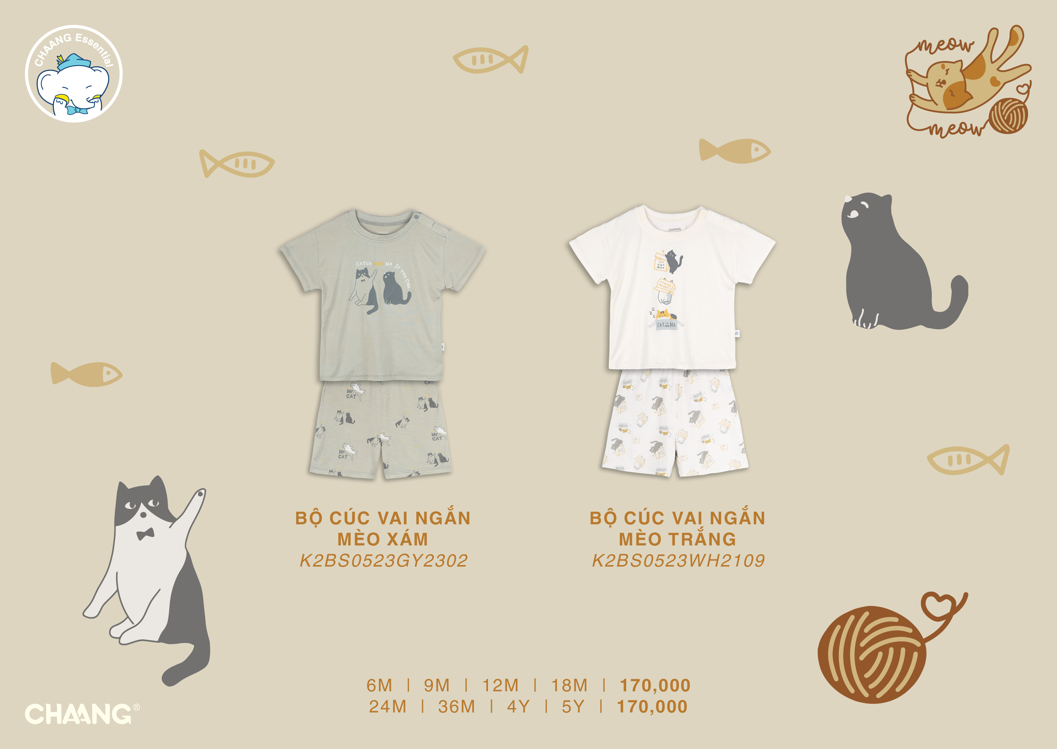 [CHAANG] Bộ cộc cúc vai ngắn Mèo Chaang