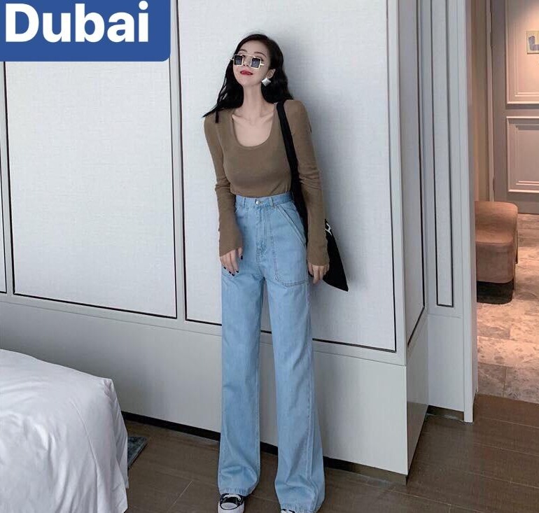 QUẦN BAGGY JEAN NỮ CHẤT BÒ XANH NHẠT ỐNG SUÔNG RỘNG LOE DÀI ULZZANG SIÊU CUTE TREND MỚI DB-02 CAO CẤP - DUBAI FASHION