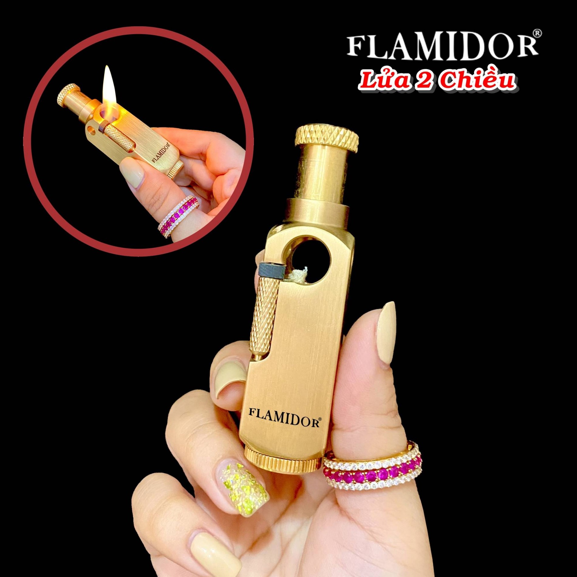 BẬT LỬA XĂNG ĐÁ KIM LOẠI NGUYÊN KHỐI FLAMIDOR LỬA 2 CHIỀU