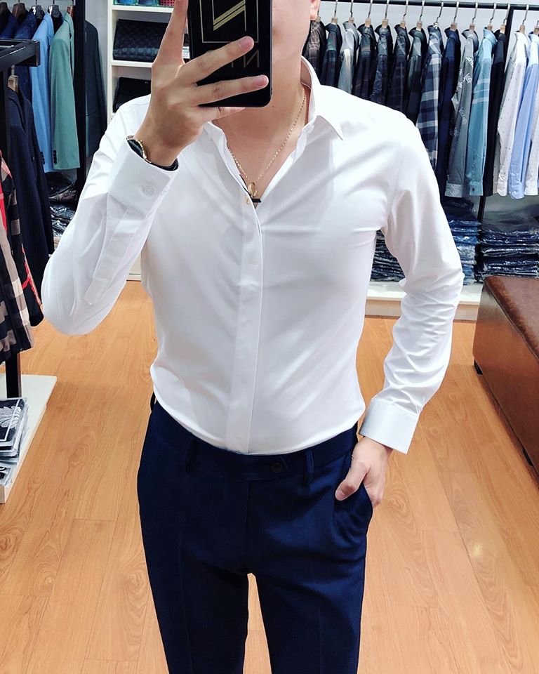 Áo sơ mi nam trơn dài tay dấu cúc