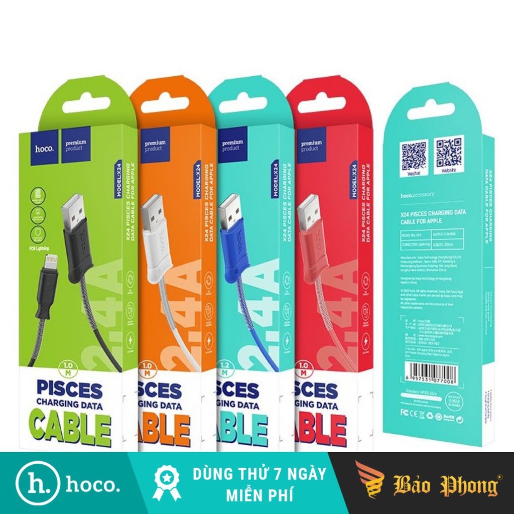 Cáp sạc iPHone Lightning Hoco X24 2.4A độ dài 1.2m