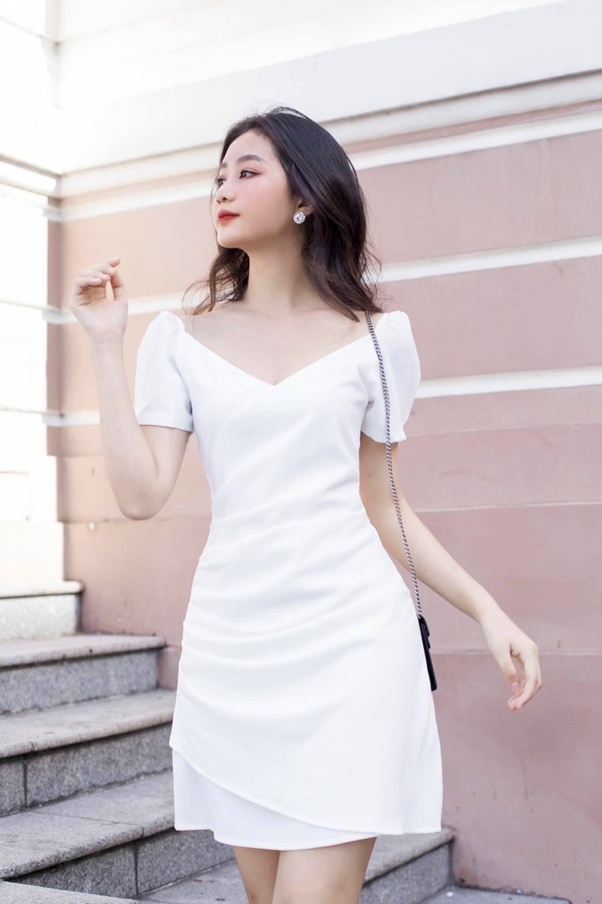 Đầm cổ V nhúng eo 2 màu
