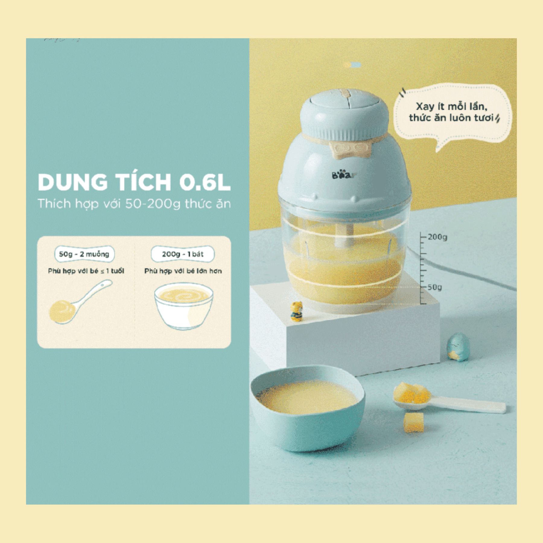 Máy xay thực phẩm mini Bear, công suất 200W, bảo hành 6 tháng