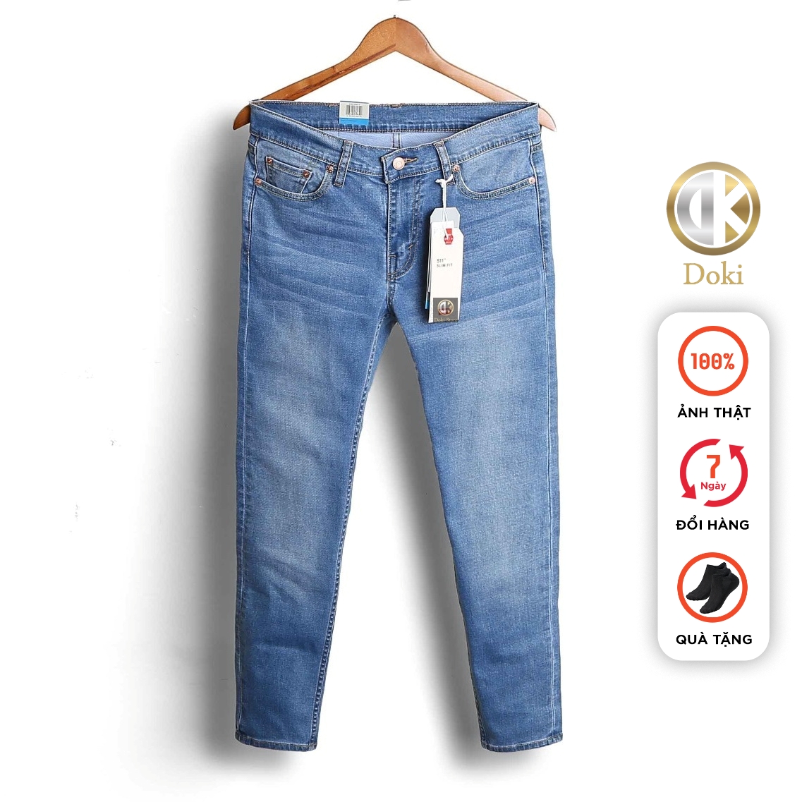 Quần jean nam Màu Xanh Dương Nhạt XM-04 Quần bò nam Dáng đứng, Ôm nhẹ, ống 17-18 cm, Chất vải co giãn, thoáng mát, Made in Cambodia - Doki