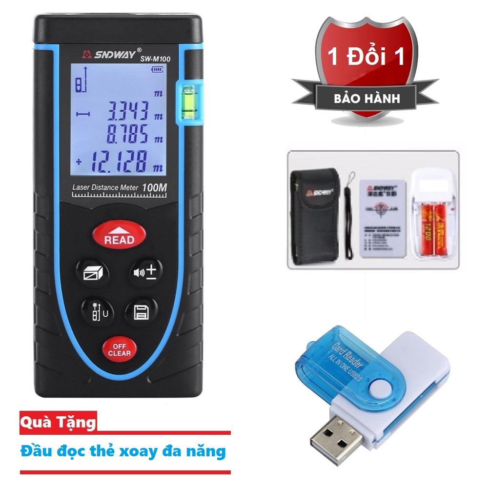 Máy đo khoảng cách bằng tia laser SNDWAY SW-M100 cự ly 100m - Sndway thước đo khoảng cách bằng laser - 100M Tặng kèm đầu đọc thẻ nhớ đa năng xoay 360 độ