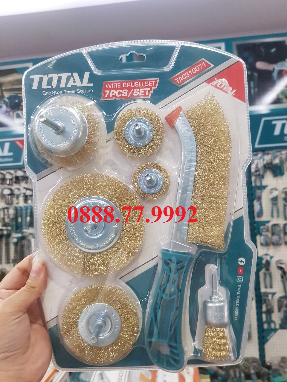 Bộ 7 bánh cước và chổi TAC310071 gồm chổi cước, bàn chải thép, bánh cước nhiều kích thước, dùng chà, mài nhẵn, tẩy cặn