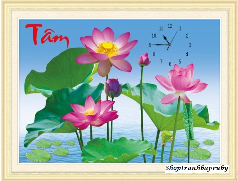 [HCM]Tranh đính đá đồng hồ Hoa Sen chữ Tâm LG1523 kích thước 90 x 50 cm